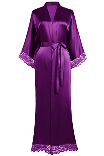 Image of BABEYOND Satin Kimono Robe Silky Long Bridesmaid Wedding Lightweight Bath Robe with Lace Trim