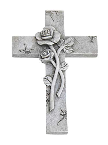 Preisvergleich Produktbild Grabkreuz mit Rose 17x11 cm Grabschmuck Kreuz grau Grab Urnengrab Grabstätte