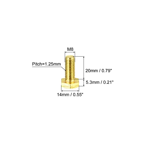 Image of uxcell Brass Hex Bolts, M8x20mm 3pcs Fully Thread Grade 4.8 Solid Brass Hexagon Head Bolt Machine Screws for Machinery