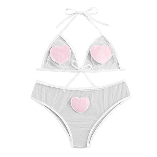 FEDULK Lingerie Set for Women Heart Pattern Sheer Sexy Cute Bow Bandage Lingerie Underwear(White, Small)