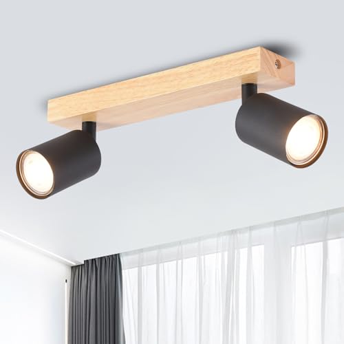 ANWIO GU10 LED Deckenstrahler Holz 2 Flammig, Schwarz Deckenlampe GU10 Küchenlampe Deckenleuchte Holz Strahler Wandlampe für Wohnzimmer Schlafzimmer Küche Badezimmer (Ohne Leuchtmittel) EUS-EA190812