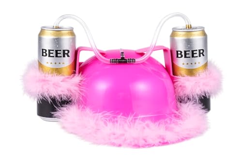 STUWU Bierhelm Pink mit Schlauch Trinkhelm für 2 Dosen Party- & JGA-Accessoire für Erwachsene mit Federbesatz