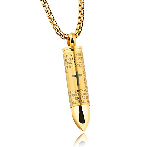 Mens Cross Pendant Necklace for Men Black Gold Language Urn Lord's Prayer Stainless Steel Ash Memorial Bullet Chain Nice Gifts