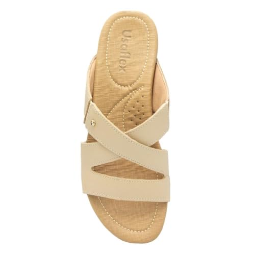Tamanco Usaflex Feminino Slide Rasteiro Couro e Elástico Casual Vanilla R1875004 42