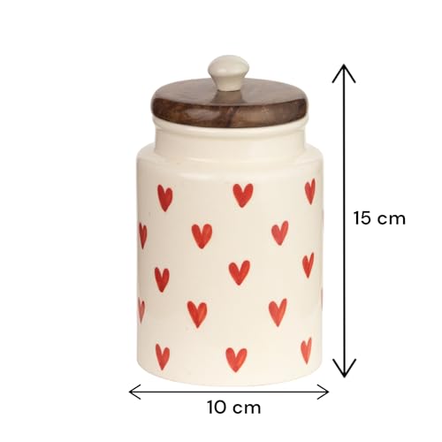 Image of Airtight Ceramic Jars (Pack of 2) - 900ml Each - Wooden Lid - Kitchen Containers for Sugar, Tea, Salt, Pickles, Pulses & More (Red Heart)