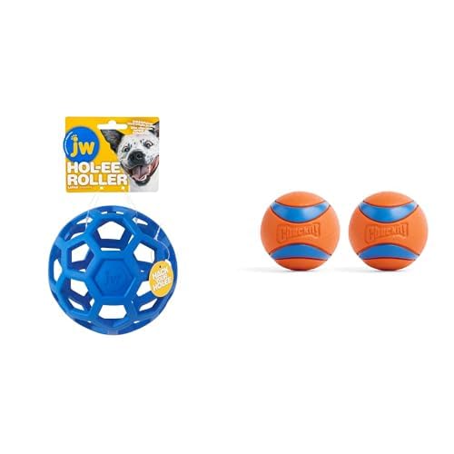 JW Pet HOL-ee Roller 5 5-Inch Large Rubber Dog Ball Chuckit Ultra 2 5-Inch Medium Bouncy Balls 2-Pack