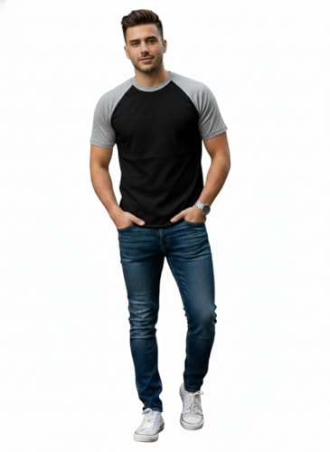 Image of Men's Raglan T-Shirt, Black with Grey Sleeves, Short Sleeve, Round Neck, Casual Wear