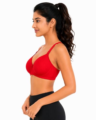 Image of Women's Cotton Rich Padded Wire-Free Everyday Bra, Seamless Self-Stripe Full Coverage T-Shirt Bra (Red)