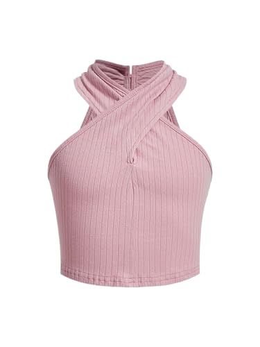Milumia Girl's Crisscross Halter Neck Tank Top Sleeveless Keyhole Back Crop Tops
