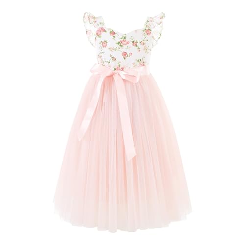 Flofallzique Toddler Tulle Dress Pink Ruffle Sleeves Wedding Kids Birthday Sundress(Light Pink, 7_Years)