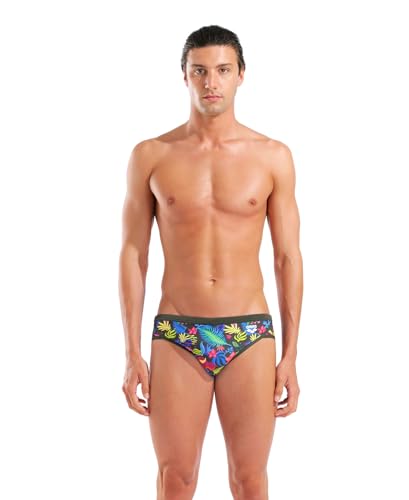 ARENA Performance Men's Summer Blossom Collection Picture Swim Brief Chlorine Resistant Athletic Swimsuit Practice Pool Training Competitive Bathing Suit, Dark Sage Multi/Dark Sage Green, US Size 24