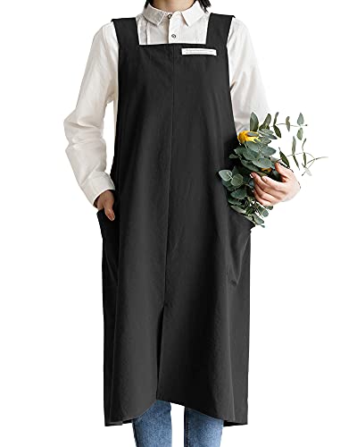 Small snail Algodón Lino Delantales Color Sólido Estilo Japones Vendaje Cruzado Delantal con Bolsillo Literatura Arte Tienda Flores Ropa por Mujeres Hombres Cocinando Cocina Talla Extra Negro