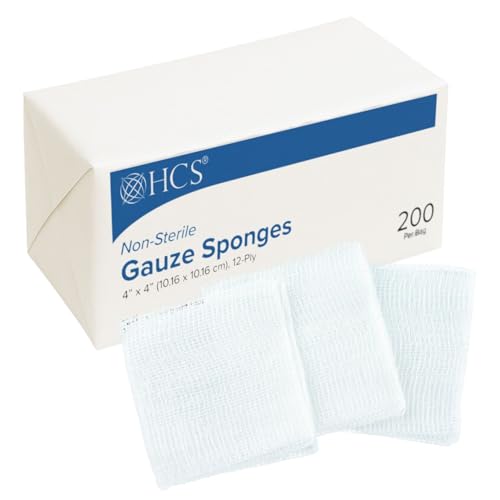 HCS Woven Gauze Sponges 4x4 - Non-Sterile 12-Ply (200-Count) - 100% Cotton Absorbent Low-Linting Squares - 4x4 Gauze Pads Large - Medical Supplies Wound Care First Aid Surgical Use Dental