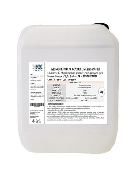 5L Mono Propilenglicol MPG USP, Grado Alimenticio 99.98%, para Uso Farmacéutico, Alimentario y Cosmético