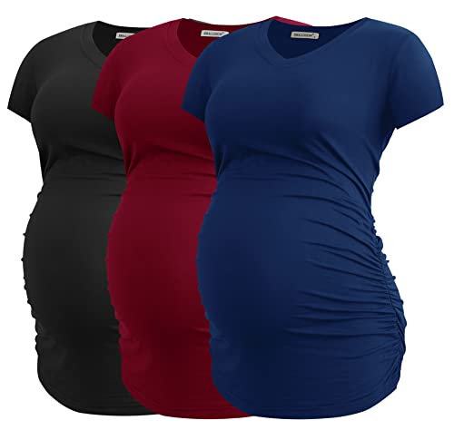 Smallshow Damen Umstandstop V Hals Schwangerschaft Seite Geraffte Umstandskleidung Tops T Shirt 3 Pack,Black-Navy-Wine,M