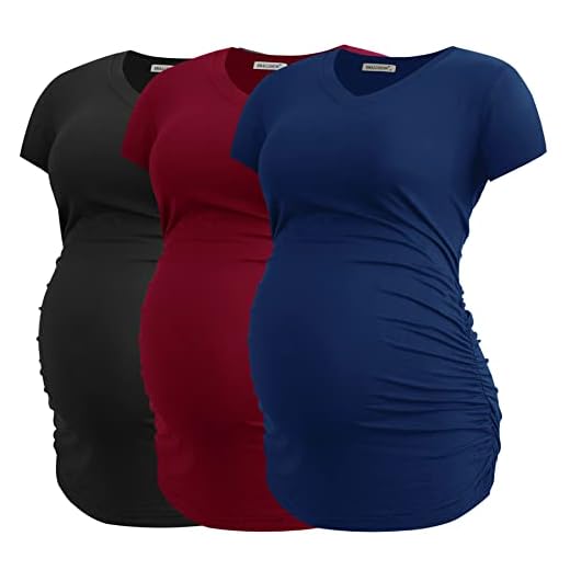 Smallshow Ropa de Maternidad con Cuello en V para Mujeres Blusa de Embarazo con Pliegues Laterales Set de 3,Black-Navy-Wine,S
