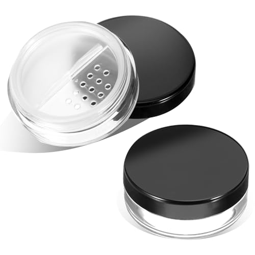 2pcs 10ml/0.34oz Plastic Empty Travel Small Loose Powder Compact Refillable Loose Powder Containers Reusable No Leak Compact with Rotatable Sifter and Black Screw Lid