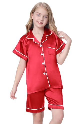 Image of Schbbbta Girls Womens Pajamas, Satin Silky Pjs Set Kids 2Pcs Button-Down Nightwear Sleepwear Gift for Mommy and me