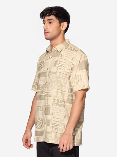 Image of The Souled Store Official Iron Man: Marvel News Men and Boys Short Sleeves Collared Neck Button Front Beige All Over Printed Regular Fit Holiday Shirts
