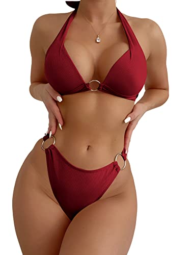 Image of SweatyRocks Women's Ring Linked Halter Push Up Bikini Swimsuit High Stretch Bathing Suit Swimwear Set Swimming Suit Two Piece