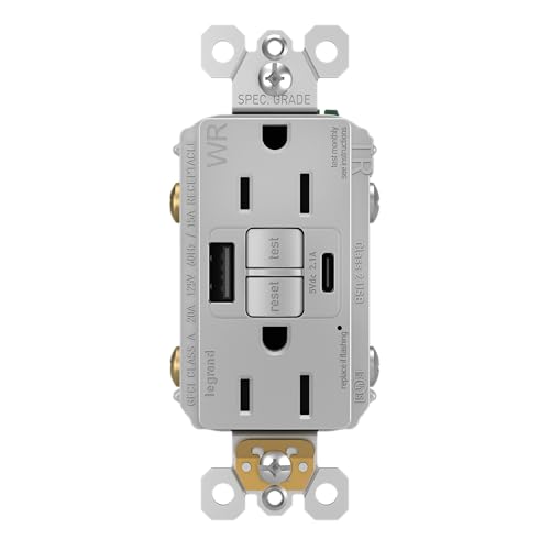 Legrand Pass & Seymour Radiant 15 Amp GFCI Weather-Resistant Wall Power Outlet with 2.0 Amp USB Charger, Gray