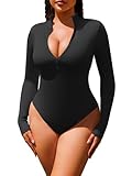 HYZ Women's Sexy One Piece Zip Front Long Sleeve Turtle Neck Basic Tops Bodysuits Black