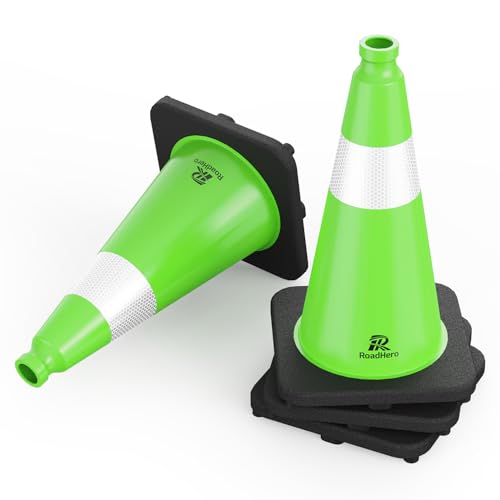 RoadHero 4 Pack Traffic Safety Cones 18 Inch with Black Weighted Base Plastic PVC Lime Green Traffic Cone with Reflective Collar for Parking Lot Construction Events Road Safety