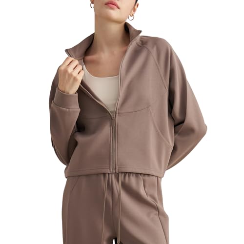 altiland Women's Full Zip Workout Running Yoga Jackets, Lightweight Scuba Sweatshirt with Pockets(Mocha Brown,L)