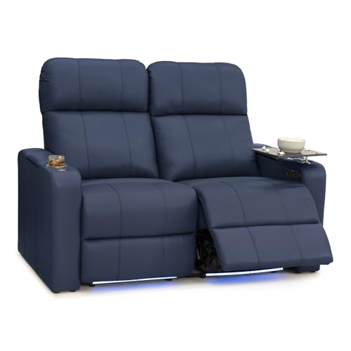 Image of Seatcraft Monterey Home Theater Seating Navy Blue Row of 2 Loveseat | Italian Leather, Wall Hugger, Zero Gravity, Powered Headrest, Power Recline, Zero Gap, USB charging