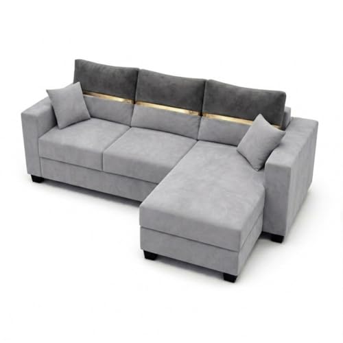 Image of Furny Arvea 4 Seater Fabric RHS L Shape Sofa Set (Light Grey-Dark Grey) | Soft Velvet Fabric | Modern Design | Comfortable Seating | Living Room Furniture