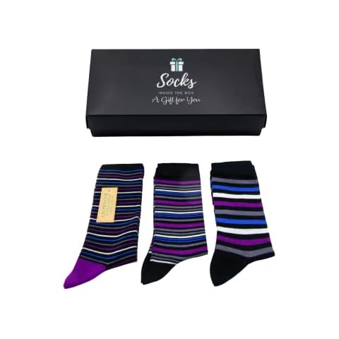 Inside the Box Gifts Bamboo Socks for Men Luxuriously Soft Quality Socks Men's Gift Box Mix of Socks Pack of 3 - Classic Striped Blue and Purple Cover
