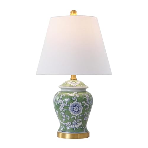 Image of JONATHAN Y 22 inch Green /White Ceramic Table Lamp, French Country Chinoiserie Ginger Jar LED Bedside Lamp for Living Room Bedroom, White Linen Shade (JYL3005E)