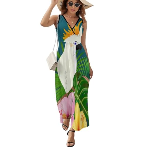 Robe maxi col V imprimé perroquet blanc : le look chic pour vos soirées de plage d'été