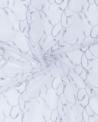 Image of (7 Ft Embroidered Tissue Curtain | Small Leaf Floral Design Grommet Curtains Window Curtain |Vintage Classical Floral Print | For Home | White & Grey(Pack Of 1) | 213 L X 121 W Centimeters