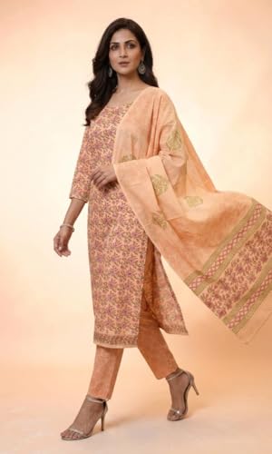 Image of Eddika women unstitched hand block printed cotton suit set with mulmul dupatta ehbpcswmd0120P