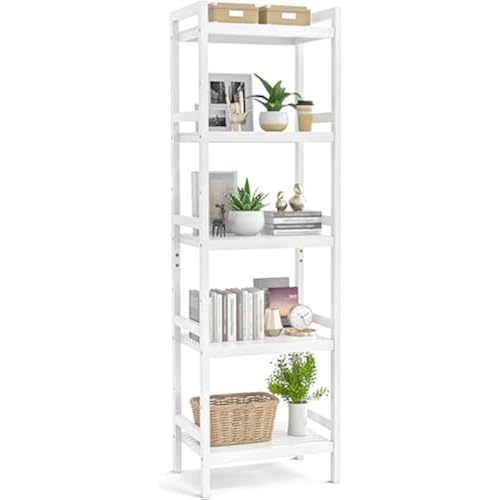 Homykic 5-Tier Bamboo Shelf, 56”H Adjustable Bookshelf and Bookcase, White