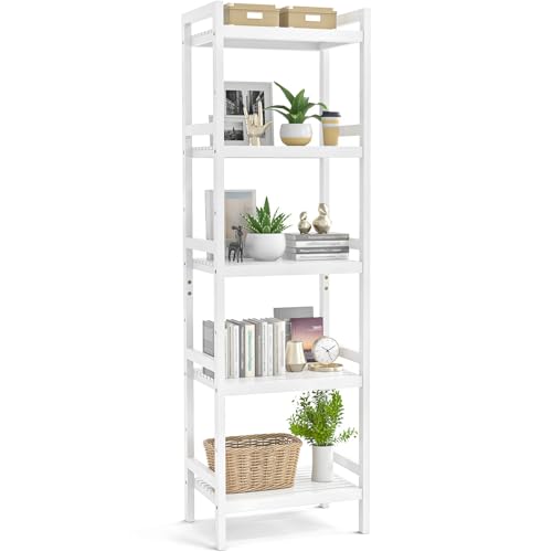 Homykic Bamboo Bathroom Shelf, 5-Tier Narrow Adjustable Bookshelf Bookcase Freestanding Tower Storage Shelves Unit for Bathroom, Living Room, Bedroom, Kitchen, Laundry Room, Easy Assembly, White