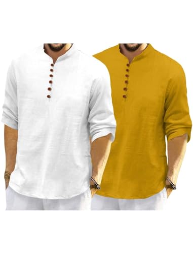 Image of Macsivo Men's Cotton Blend Kurta with Solid Band Collar Full Sleeve Button Closure Regular Fit Curved Hem Length | Kurta for Man | Combo Pack of 2