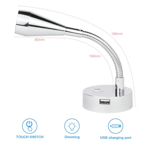 lighteu 12V/24V 2W Gooseneck Wall LED Reading Light F2 Spotlight with Push Lens Switch and USB Port Nickel Finish Wall Light Bedside Light Boat Yacht Caravan RV - Image 2