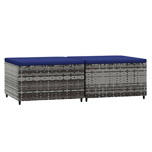 vidaXL Gartenhocker 2 STK., Sitzhocker mit Kissen Stahlrahmen, Modular Hocker für Garten Terrasse, Fußhocker Gartenmöbel, Grau Poly Rattan