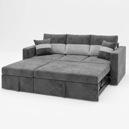 Image of FURNY Soria 4 Seater LHS Lounger Sofa Cum Bed (Light Gray - Dark Gray) with Pull-Out Function | Luxury Velvet Suede Finish | Durable Comfort | Ideal for Living Room