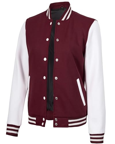 Decrum Maroon And White Varsity Jacket For Woman - Fashion Baseball Jacket | [40057175] Plain White Sleeve, XL
