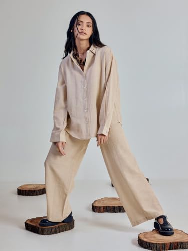 Image of FIORRA Women's Linen-Blend Loose Relaxed Fit Co-Ord Set