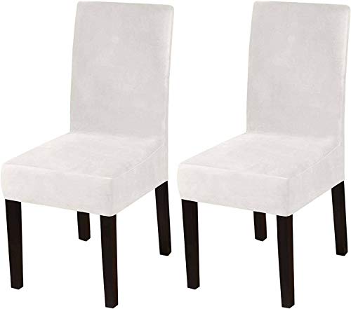 Stretch Velvet Dining Room Chair Slipcovers, Removable Non Slip Dining Chair Covers, Seat Slipcover for Home Party Hotel Wedding Ceremony-White-Set of 2