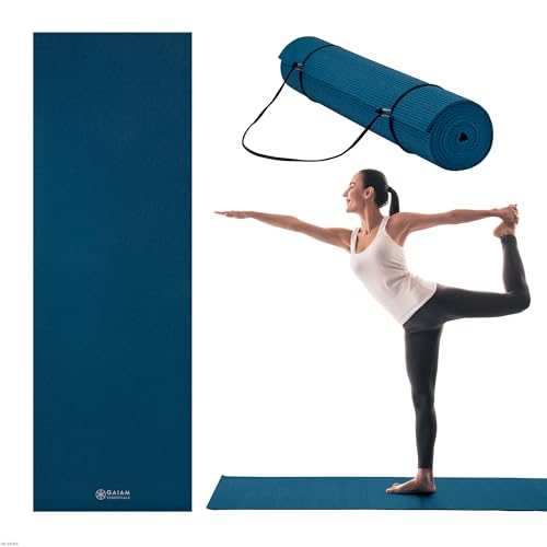 Gaiam Essentials 1/4' Thin (6mm) Yoga & Pilates, Fitness & Exercise Mat with Easy-Cinch Carrier Strap Cusion Support For Fitness and Gym Workouts