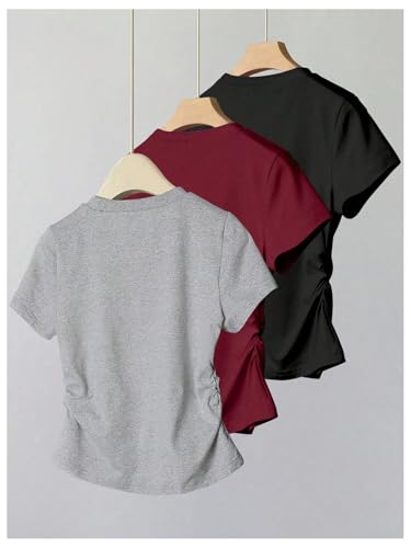 OYOANGLE Girl's 3 Piece Bow Print Short Sleeve T Shirts Set Summer Ruched Slim Fitted Tee Tops2