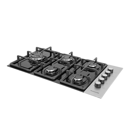 SUGGAR COOKTOP VIDRO PRETO E INOX A GÁS 5 QUEIMADORES ESMALTADOS DIFERENTES TAMANHOS TREMPES FERRO FUNDIDO FG5335VPIX