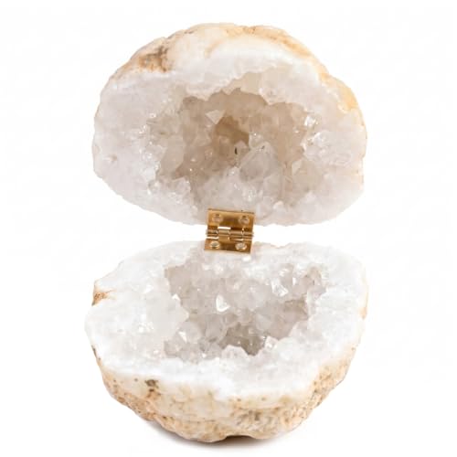 Boîte à bagues en géode d'agate blanche naturelle avec charnière dorée