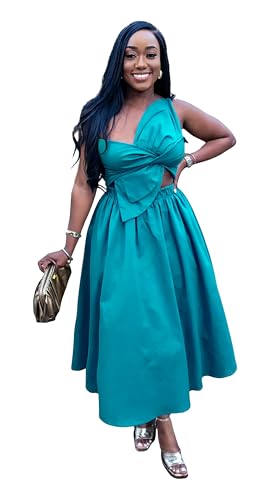 Image of YUEWOO Midi Dresses for Women Casual Summer Sundresses Vacation Outfits Spaghetti Strap Smocked Women Maxi Dress with Pockets