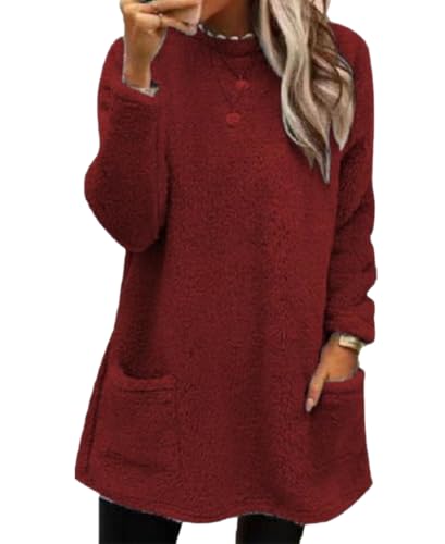 Sudaderas sin Capucha Mujer Jersey de Forro Polar Suelto Sólido Manga Larga Suéter con Bolsillos Sudadera Mujer Oversize Manga Larga Otoño Casual Cuello Crew Sin Capucha